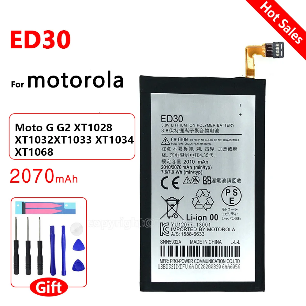 Original 2070mAh ED30 Battery For Motorola Moto G G2 XT1028 XT1032 XT1033 XT1034 XT1068 Phone High Quality Battey