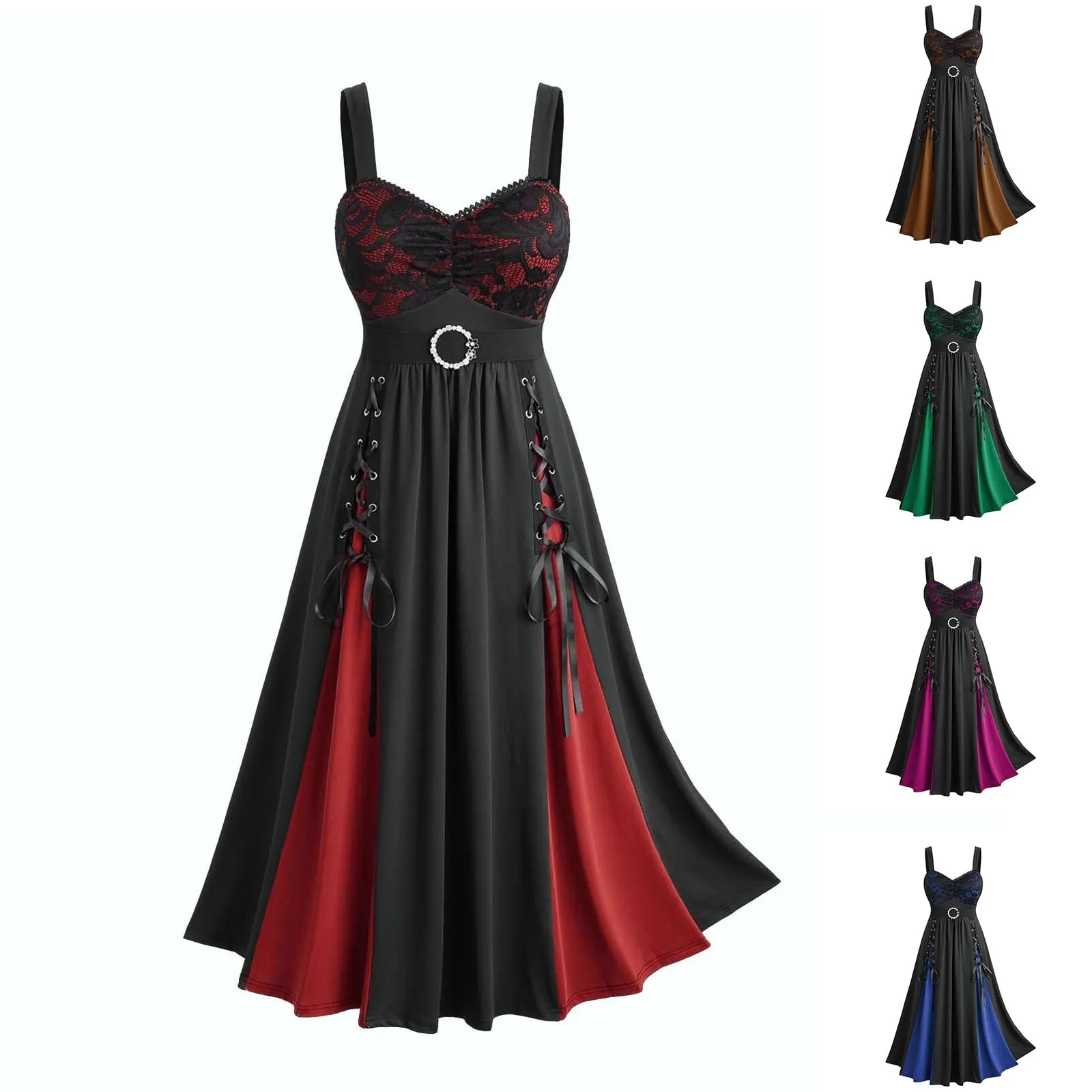 

Women Gothic Victorian Strap Dress Punk Strap Sleeveless Dress Lace Bustier Corset High Waist Flare Maxi Dress for Halloween