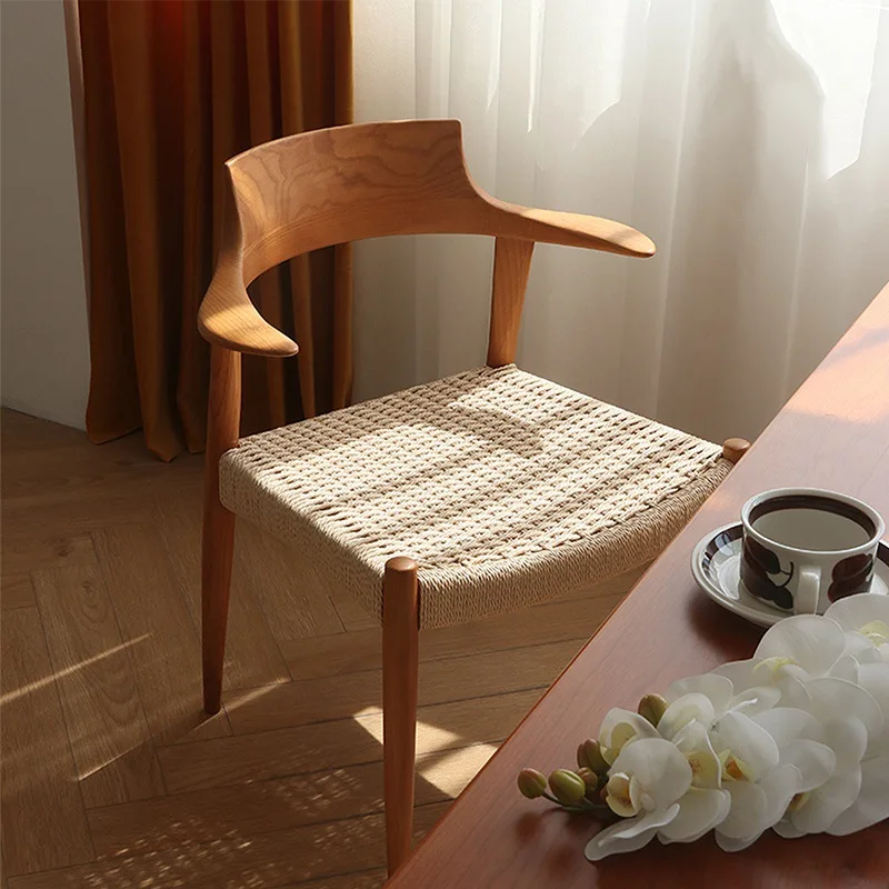 

Wabi **** retro Nordic solid wood dining chair armchair rope back book casual office Japanese horn chair