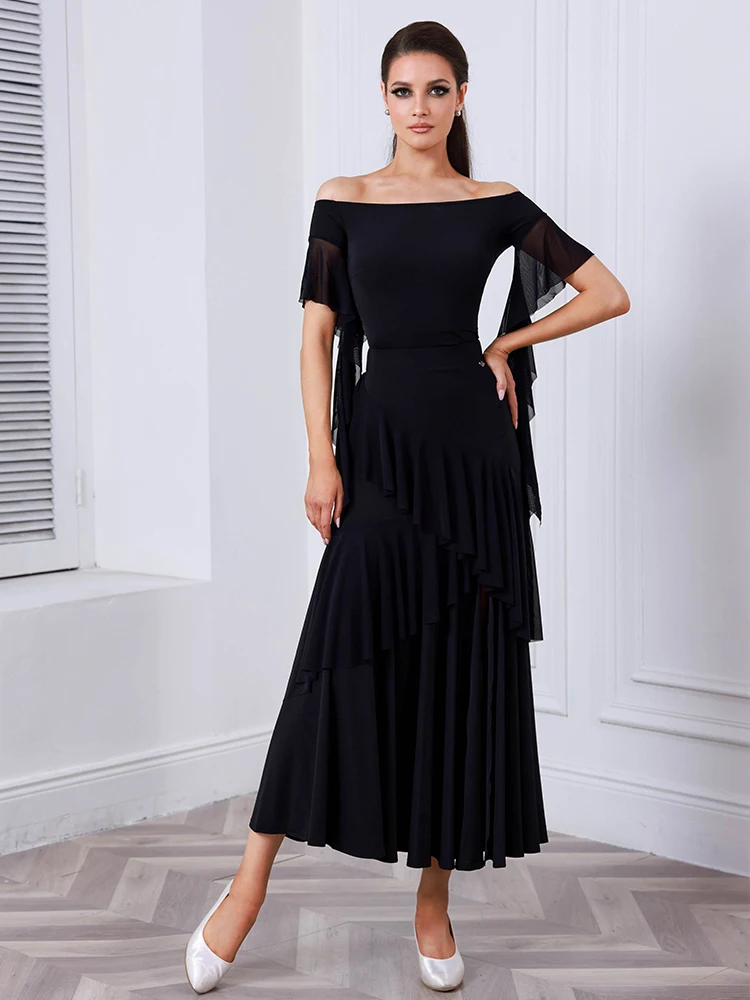2025 schwarz Ballroom Dance Kleid Standard Modern Dance Kleidung Frauen Walzer Leistung Tragen Off Schulter Body Rock AMY 2555