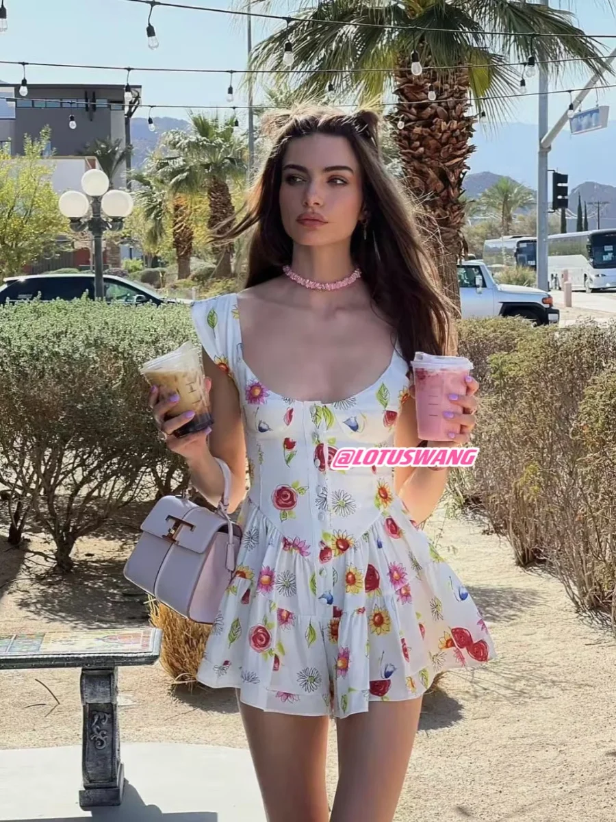 

Пляжное платье с высокой талией и цветочным принтом на пуговицах, летнее, из полиэстера, А-силуэт, для отпуска, в стиле Pure Desire