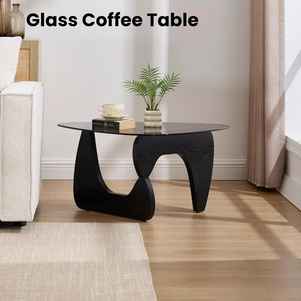 Modern Triangle Glass Coffee Table, 16 Inch High Glass Top Abstract Small End Table with Solid Natural Wood Base, Tea Tab