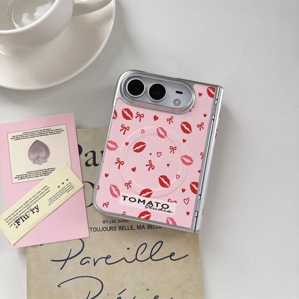 Korea Cute Pink Lip Print Bow Heart Magnetic Rotating Bracket Phone Case For iPhone Duo Kawaii Protective Cover For Magsafe