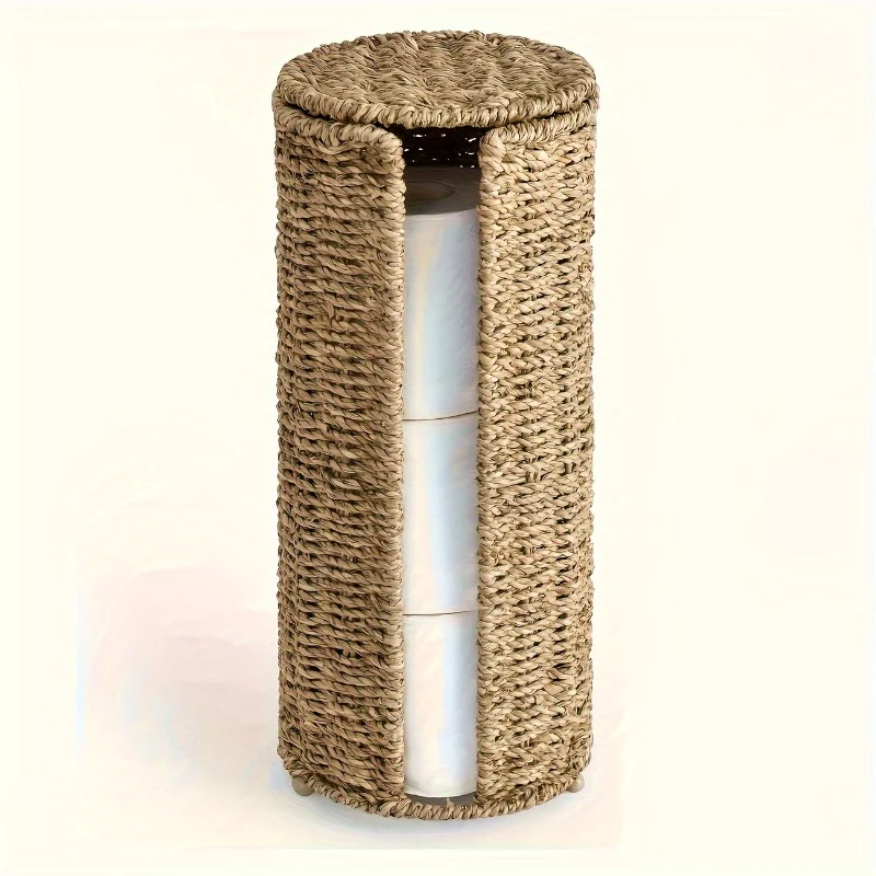 Independent Iron Toilet Paper Holder, Handwoven storage basket, No-Drill Bathroom Organizer with Cup Holder
