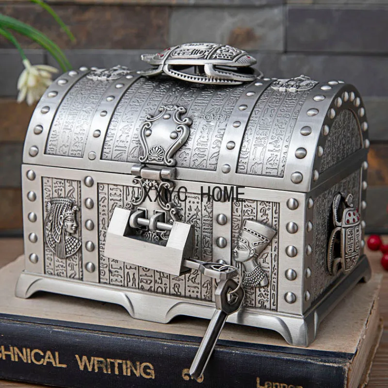 Size L 2 Layers Egyptian Style Beetle Vintage Jewelry Box with Lock Metal Home Decoration Storage Box Girlfriend Female Gift