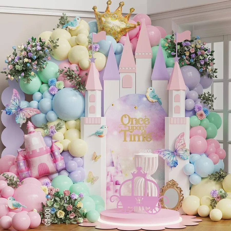 Princess Birthday Party Decorations 150Pcs Pastel Macaron Balloon Arch Garland Kit with Crown and Castle Foil Balloon for Princ