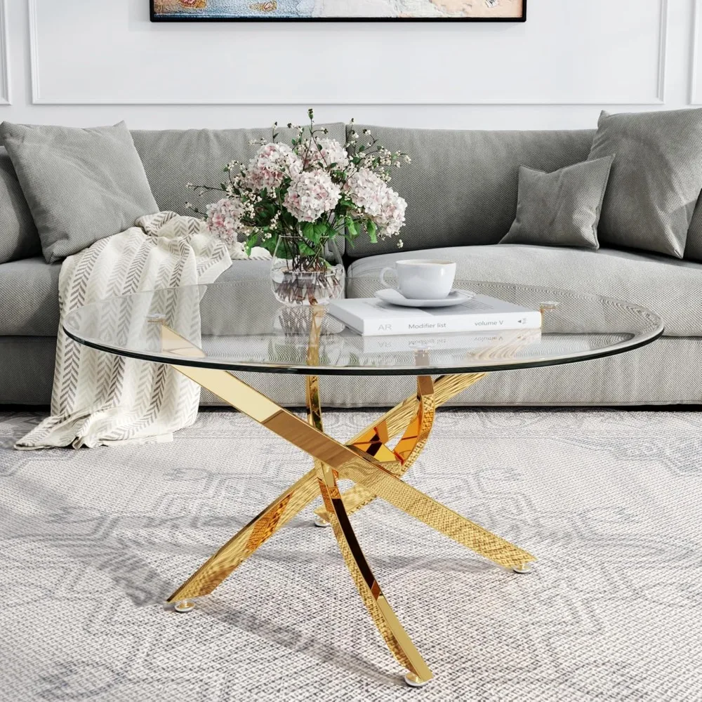 

Round Glass Coffee Table with Clear Tempered Glass & Mirror Stainless Steel Legs