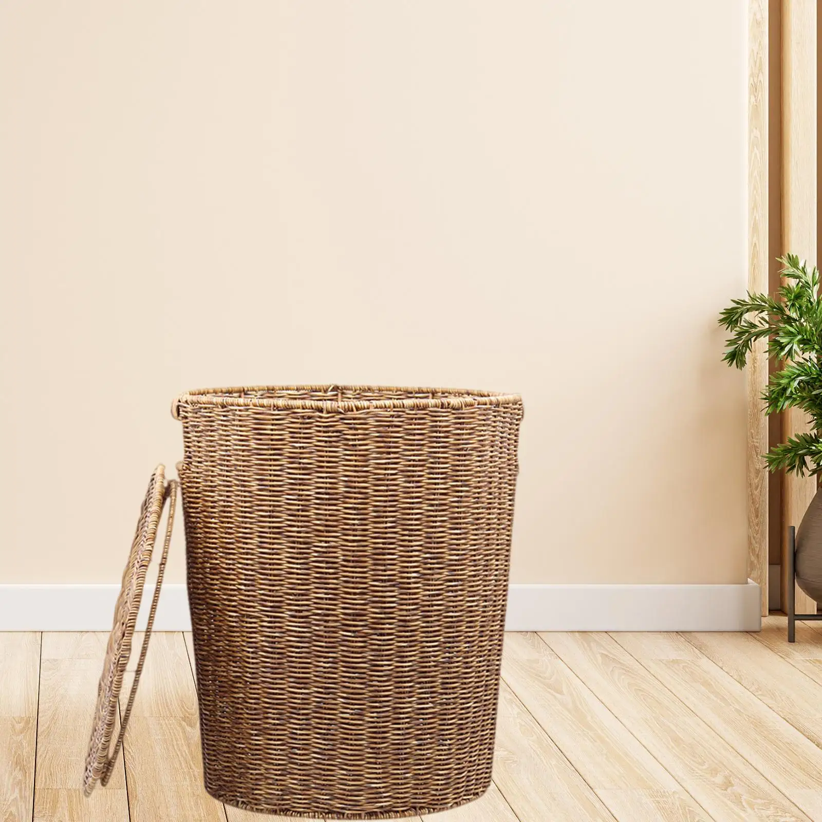 Woven Trash Can Round Storage Bucket Dustbin with Lid for Home Bedroom Study