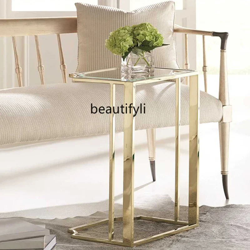 Nordic Champagne Gold Glass Small Coffee Table Simple Living Room Practical Square Sofa Side Table