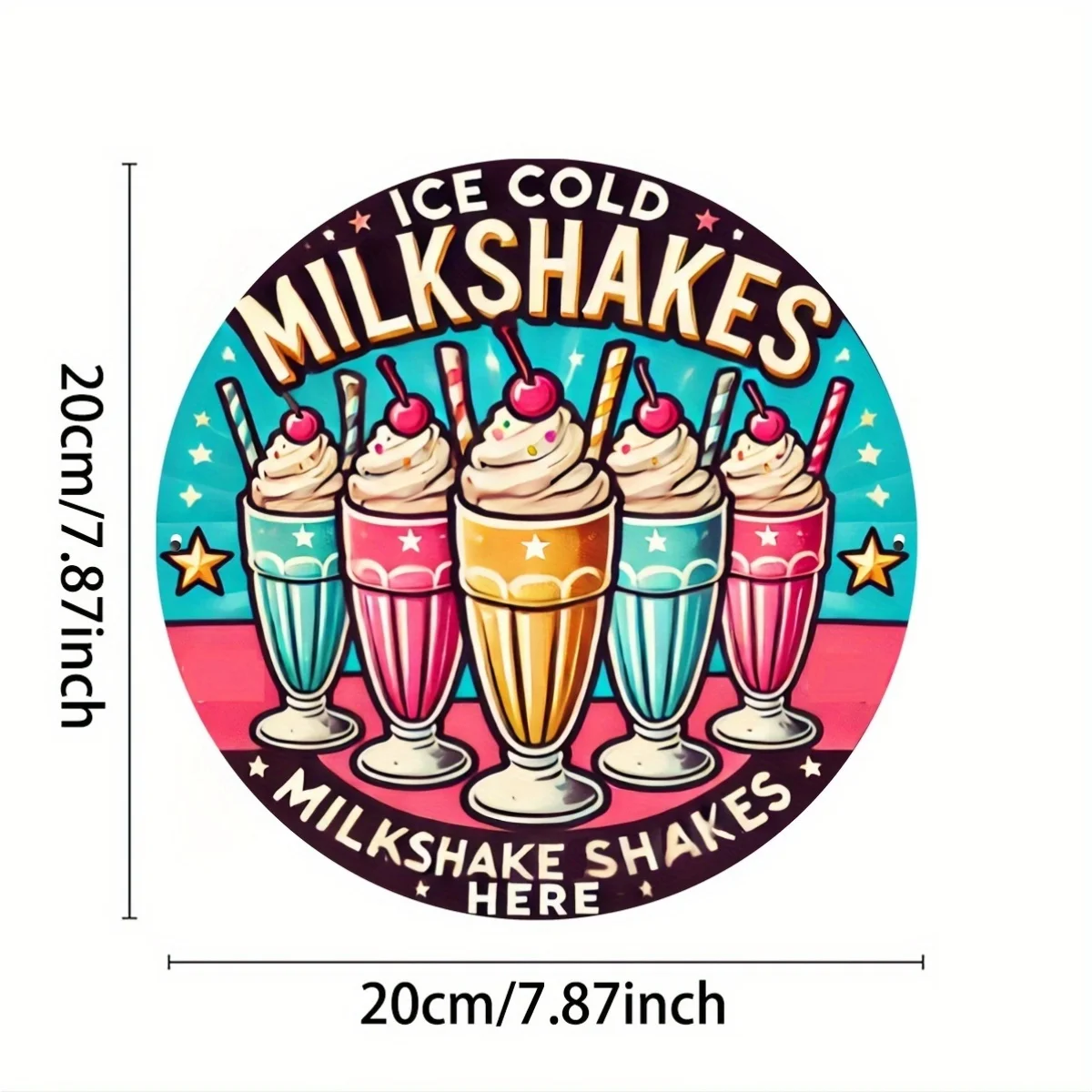 قطعة واحدة، علامة ألومنيوم معدنية مستديرة مقاس 8 × 8 بوصة (20 × 20 سم) ريترو "Ice Cold Milkshakes"، ديكور فني جداري عتيق للمنزل والبار والمطبخ - Ea