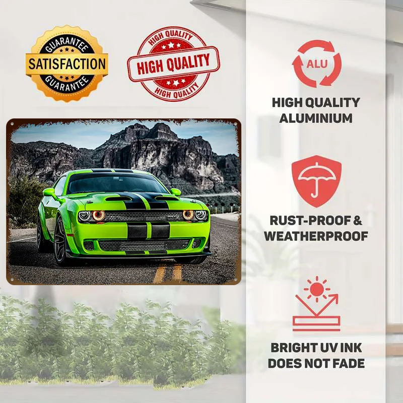 Green Sports Challenger SRT Hellcat Printed Poster Customized Wall Art Retro Vintage Metal Tin Signs for Room Decorations House