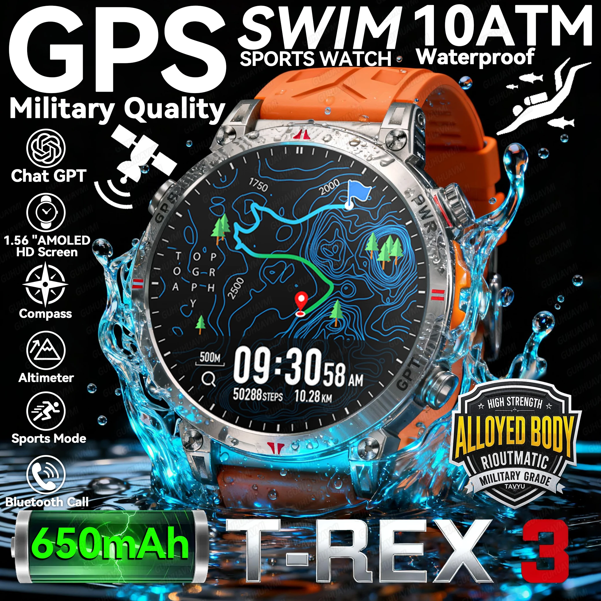 

Новые умные часы с аккумулятором T-Rex3 Ultra 650 мАч, встроенный GPS-компас, 10 АТМ, водонепроницаемые спортивные трекеры, военные умные часы на открытом воздухе