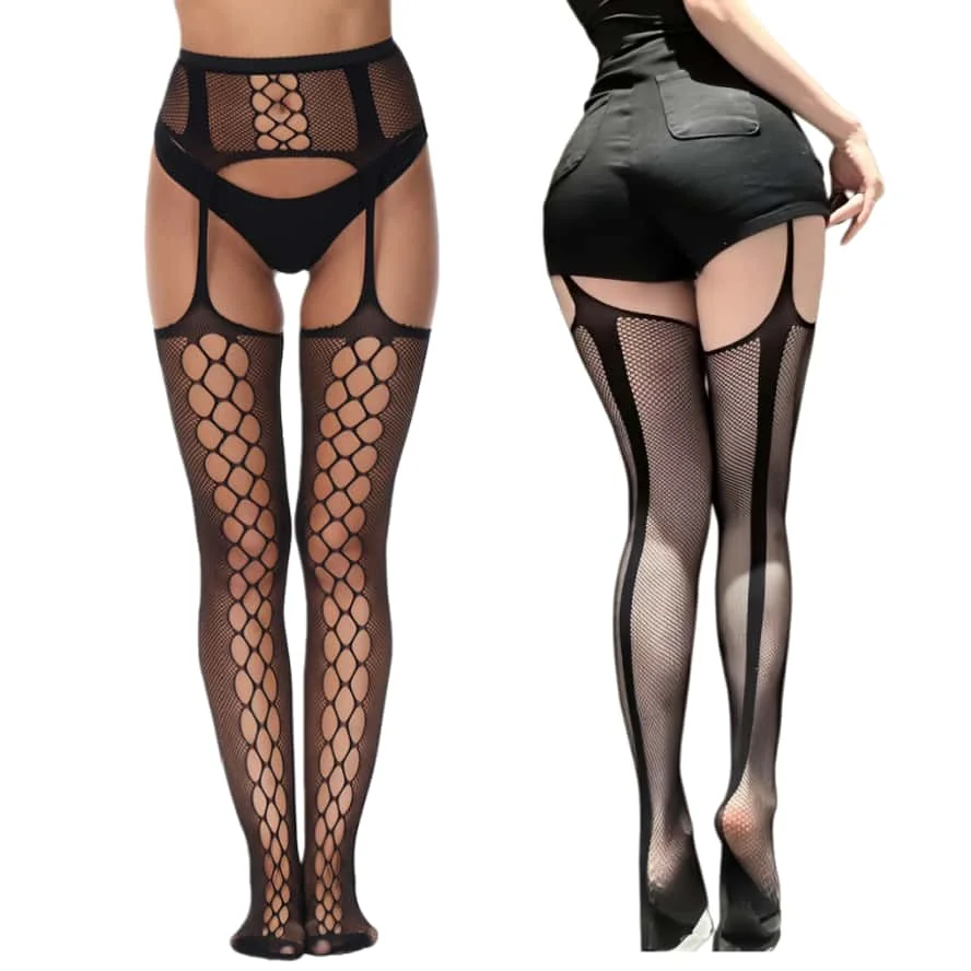 

FREEAUCE Plus Large Size Fishnet Suspender Stockings Garter Lace Pantyhose Sexy Thigh High Hollow Gothic Tights for Women XXXXXL