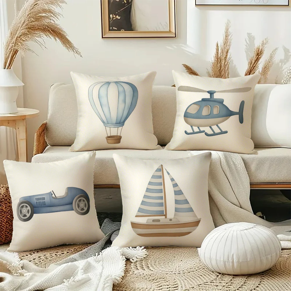 1PC 2D Flat Watercolor Throw Pillow Covers Race Car Sailboat Decorative Cushion Cases for Boys Bedroom Playroom No Pillow Core