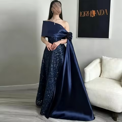 Elegant One Shoulder Navy Blue Glitter Evening Dress Satin 3D Rose Formal Ball Dress Wedding Party Special Occasion Custom