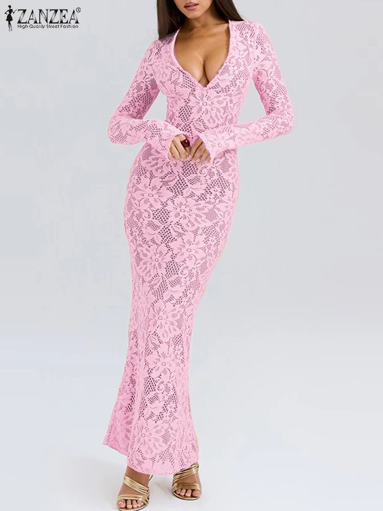 ZANZEA المرأة مثير ضيق ارتياد فساتين الحفلات العميق الخامس الرقبة طويلة الأكمام انظر من خلال الدانتيل Bodycon فستان طويل حجم كبير 5XL