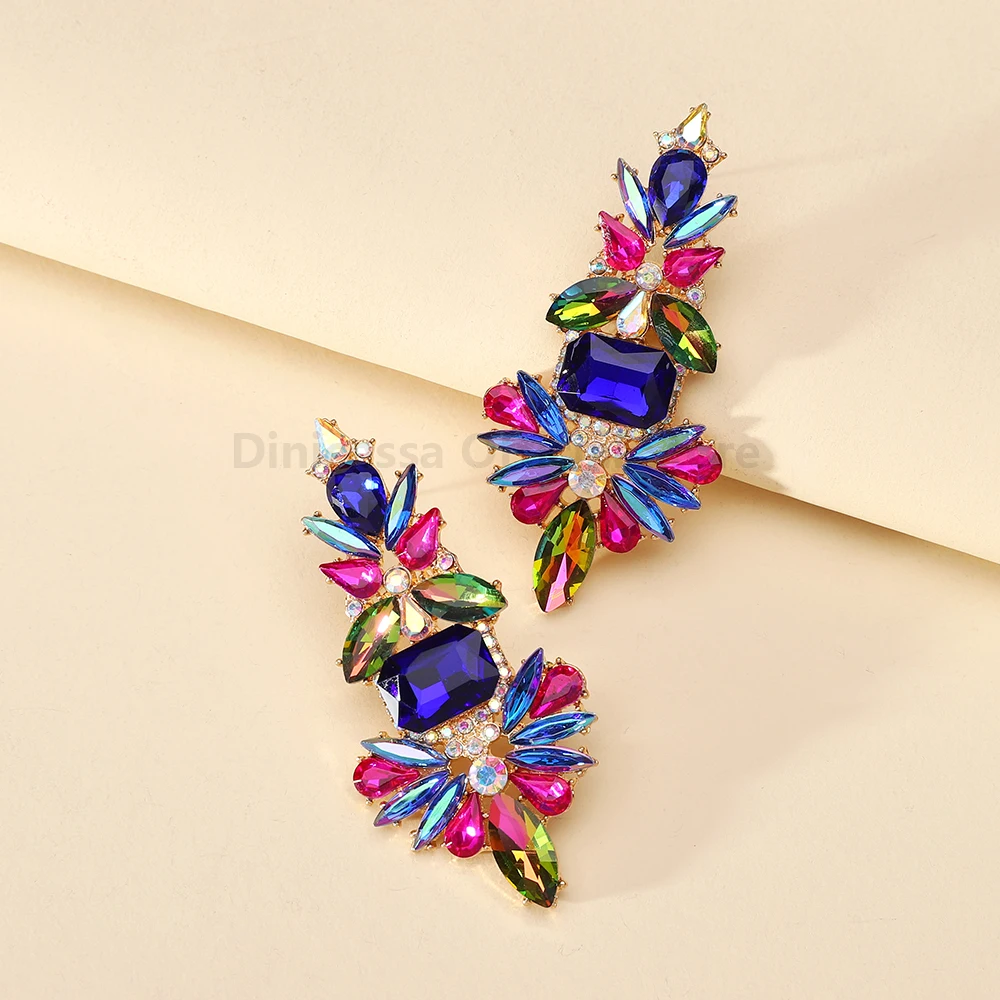 Multicolor Shiny Glass Charm Bride Wedding Party Pendant Jewelry Trend Luxury Design Unusual Glamorous Dangle Earrings For Women