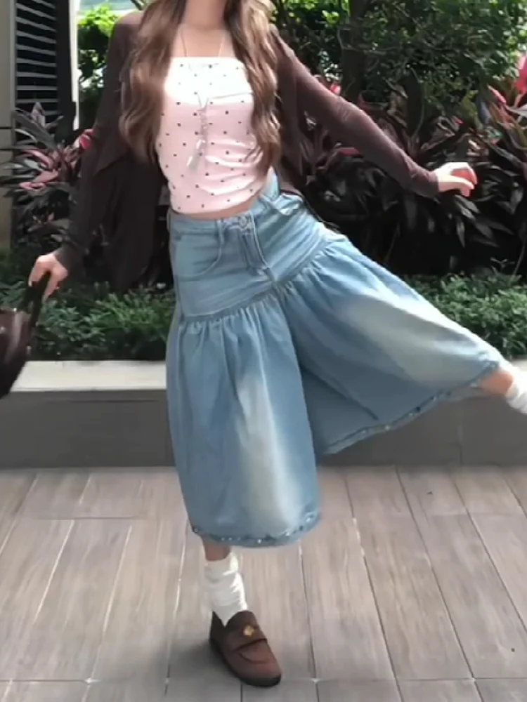 Sweet Cool Spicy American Style Water Washed Rhinestone Denim Skirt Loose Slimming Wide Leg Seven-Foot Women's Jeans Skirt