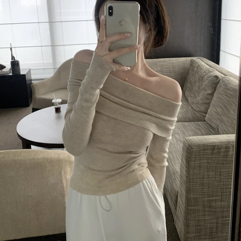 Long Sleeve Pullovers Women Spring Girls Korean Fashion Elegant Korean Style Simple Leisure All-match Off Shoulder Designed Cozy