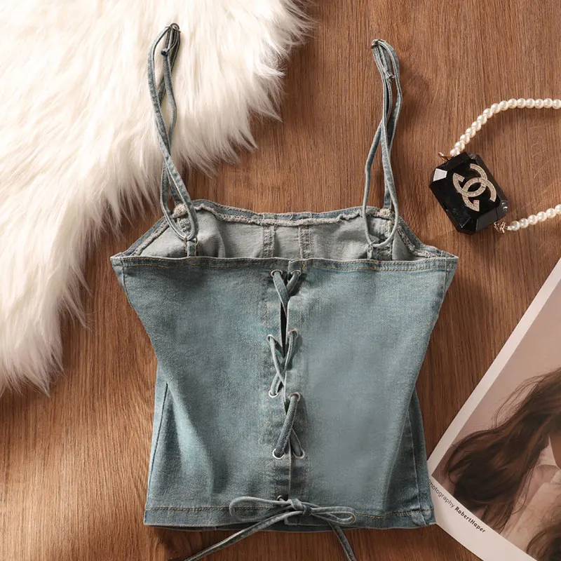 American style retro vest women's summer interior rivet design slim fit spicy girl sweet and spicy denim camisole top