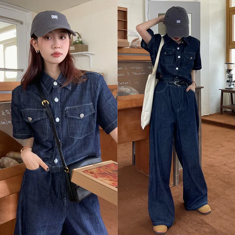 Blue Denim Two Pieces Sets Women Loose Chic Summer Short Sleeve Coats 2024 Jeanswear New High Waist Slim Pants Suits