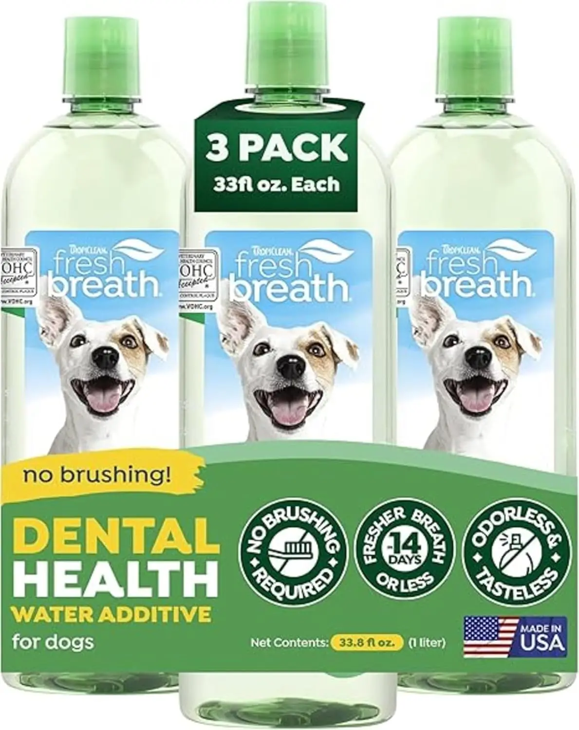 

Fresh Breath Water Additive for Dogs, Teeth Cleaning Solution, No Toothbrush Needed, 33.8oz, 3 Pack