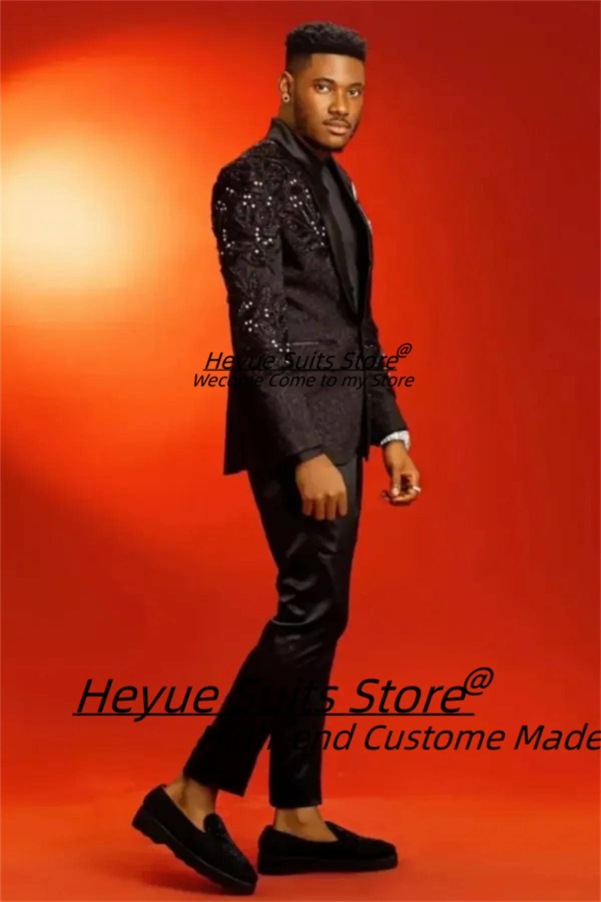 Customized Black Jacquard One Button Prom Men Suits Gorgeous Beading Groom Wedding Tuxedos 2 Pieces Sets Male Formal Tuxedos
