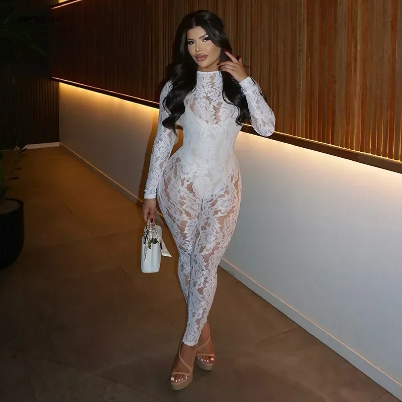 

Yomesugar 2025 Women's Jacquard Lace Jumpsuit Sexy See-Through Long Sleeve Back Zip Skinny Rompers Coquette Midnight Clubwear