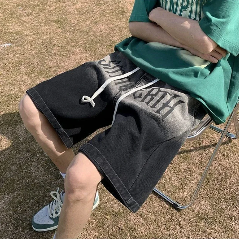 

Loose Man Denim Shorts Bermuda Short Jeans Pants for Men Long Wide with Pockets Half Baggy Trend 2025 Buttons Popular Sale Thin