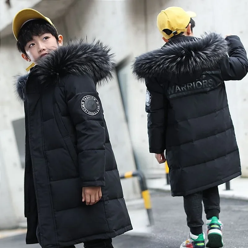 -30 ℃   Teenager Jungen Jacke Winter Neue Lange Brief Drucken Dicke Warme Pelz Kragen Mit Kapuze Zipper Parker Für 5-12Y Junge Baumwolle unten Outwear