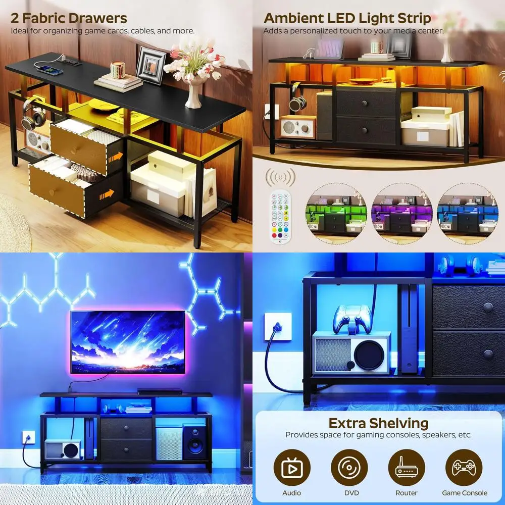 

LED-lit TV Stand with Power Outlets, Fabric Drawer Entertainment Center, 41.7 Cabinet for TVs up to 45