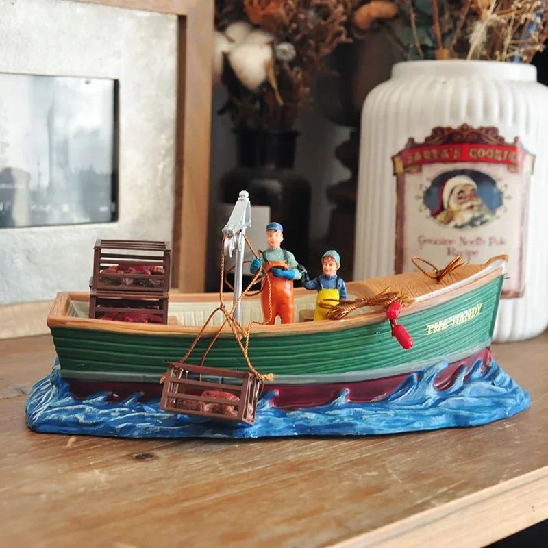 Lemax Hand Painted Resin Handicraft Fishing Boat Shrimp Filling Scene Figurine Home Tabletop Decorative Ornaments Birthday Gifts