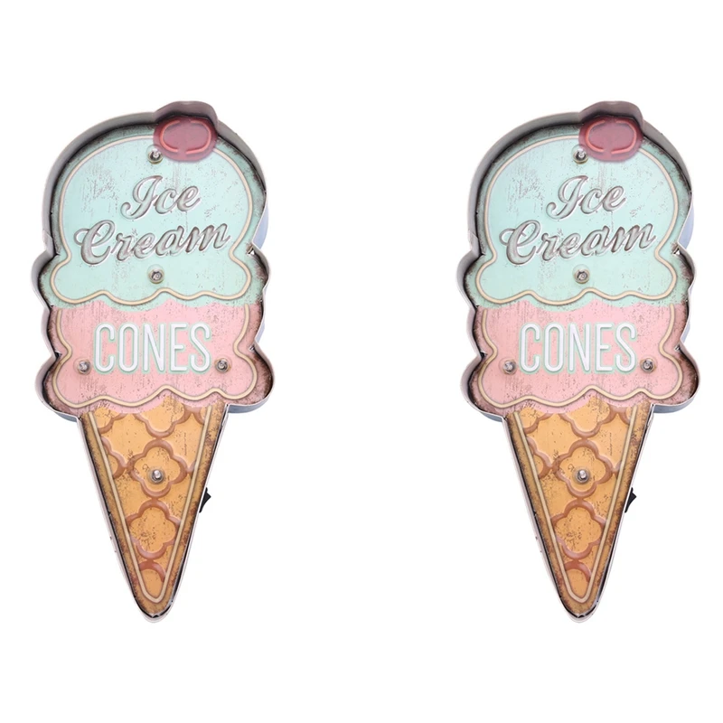 

2X Ice Cream Signs Vintage Cafe Shop Decorative Neon Light Home Decor Metal Plate For Wall Retro Coffee Plaque