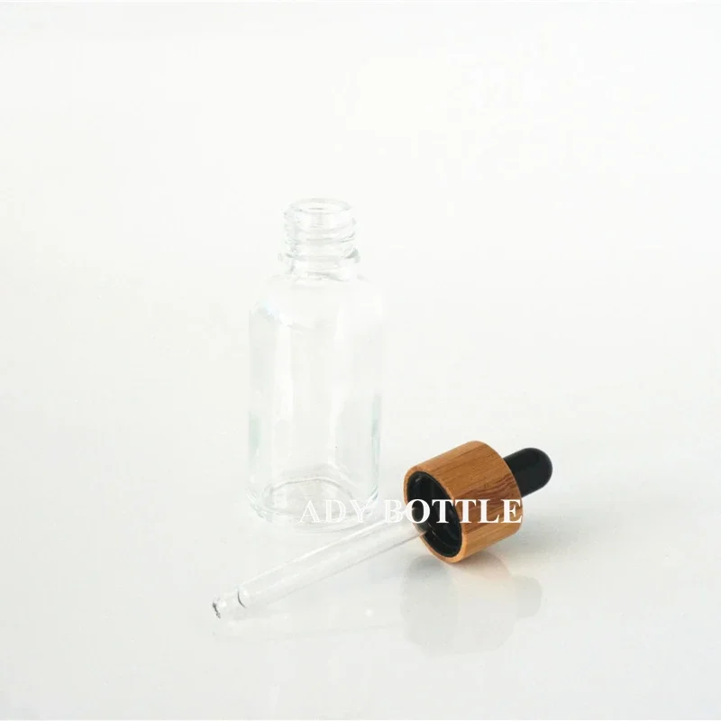 5/10/15/20/30/50/100ml Clear Empty Essential Oil Bottle Natural Bamboo Lid Black Rubber Head Dropper Cover Glass Containers