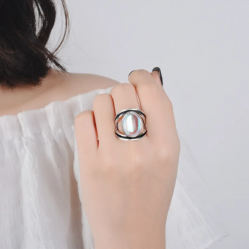 DIY accessories Cross-border e-commerce hot-selling round inlaid colorful moonstone ring, simple and retro Bohemian style Epoxy