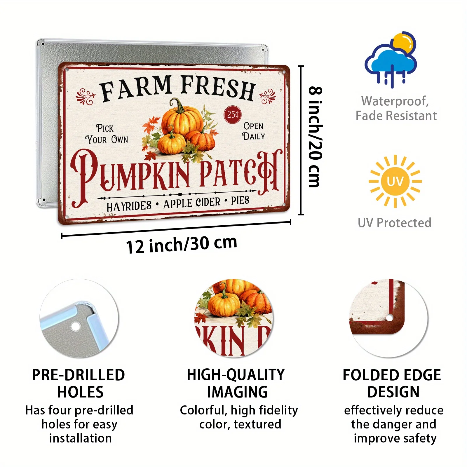 Farm Fresh Pumpkin Autumn Patch Vintage Metal Tin Sign – Rustic Halloween Wall Decor for Home,  Theme Decor