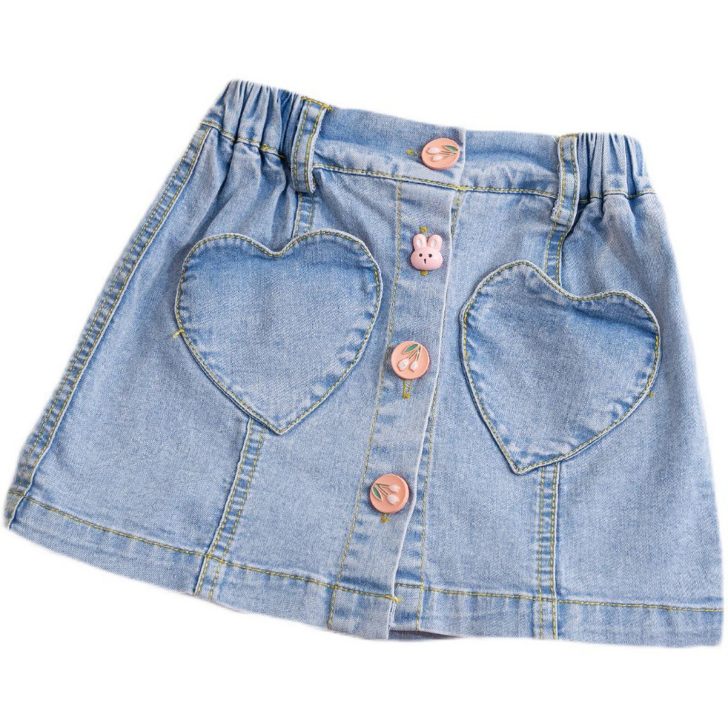 Girl Baby Denim Short Skirt Summer New Korean Fashion Cartoon Button Half Skirts Sweet Girls High Waist Slim A-line Skirts