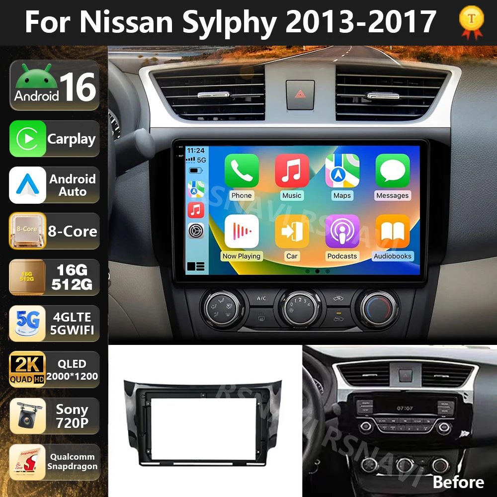 Qualcomm Android 16 Multimedia Video Player For Nissan Sylphy B17 Sentra 12 2010 - 2020 Carplay Auto Radio Stereo 48EQ DSP wifi
