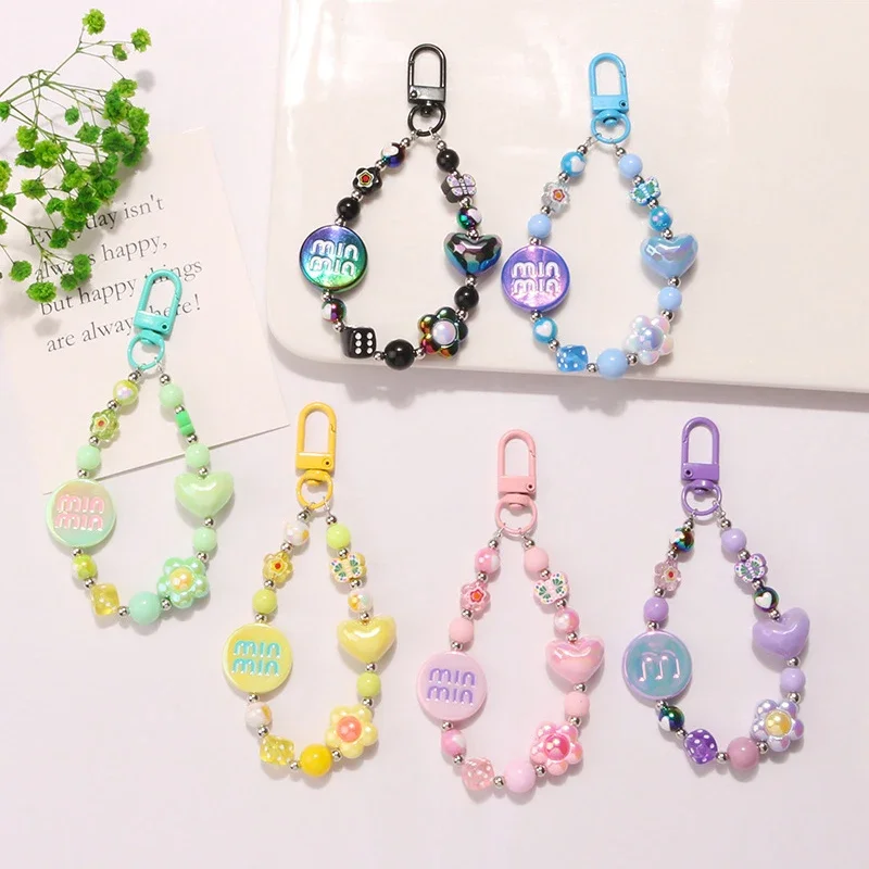 Fashion Charm Pearl Clay Bead Key Chain Mobile Phone Chain Acrylic Cartoon Phone Jewelry Women Girls Anti Lost Phone Keychains