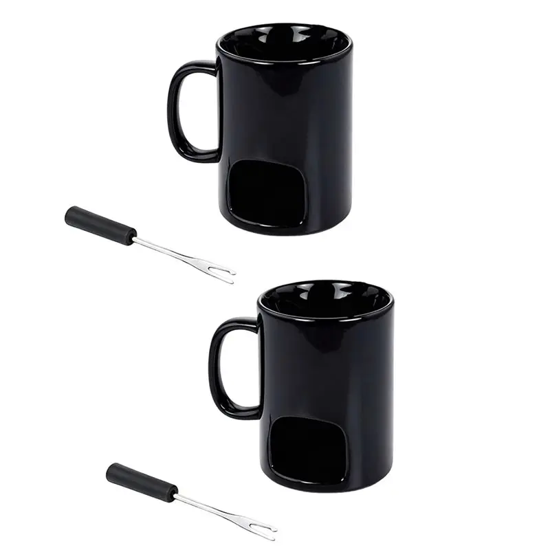

ABMS- Personal Fondue Mugs Set Tealights Double Vented Design For Chocolate For Cheese Includes Forks And Teaspoons