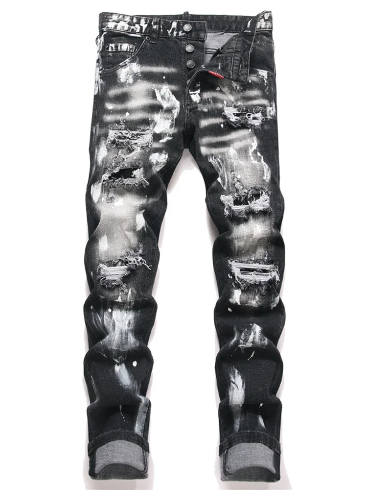 Men's Painted Destroyed Jeans Pants High Streetwear Printed Ripped Denim Trousers Slim Fit Distressed Jeans With Holes Punk Styl