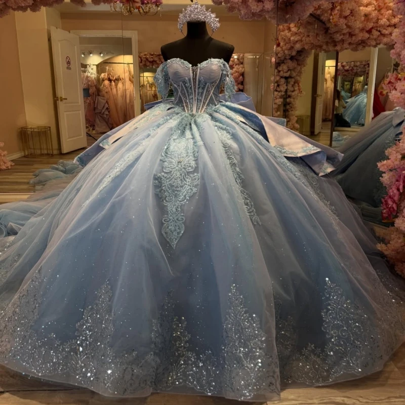 

Blue Shiny Ball Gown Quinceanera Dresses Sequin Applique Lace Beading Crystal Bow Tull Corset Off The Shoulder Sweet 16 Dress