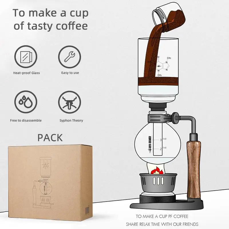 MHW-3BOMBER Siphon Coffee Maker with Wooden Handle,Vacuum Brewer Pot, Japanese Syphon Machine, 1-3Cups Glass Drip Coffee Maker