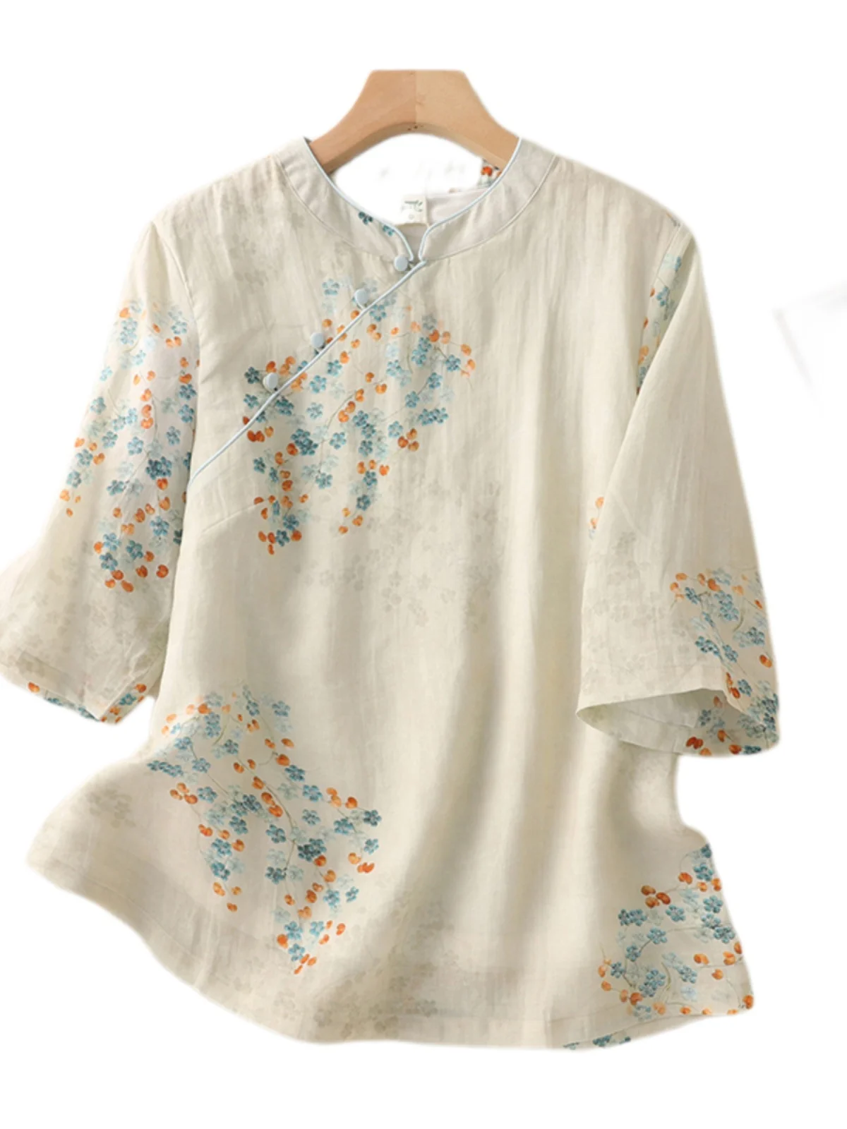 جديد الصينية Sle المرأة القطن الكتان ort Sve irt الصيف خفيفة الوزن Zen Iuence طباعة الرجعية حفل الشاي الأعلى #5