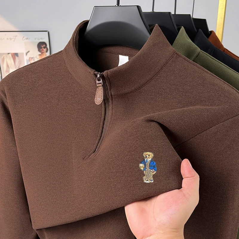 Designer Original Men's Long Sleeved T-Shirt Jacket Lapel Half-Zip Cartoon Bear Embroidery Casual Fashion Versatile Men's Tops