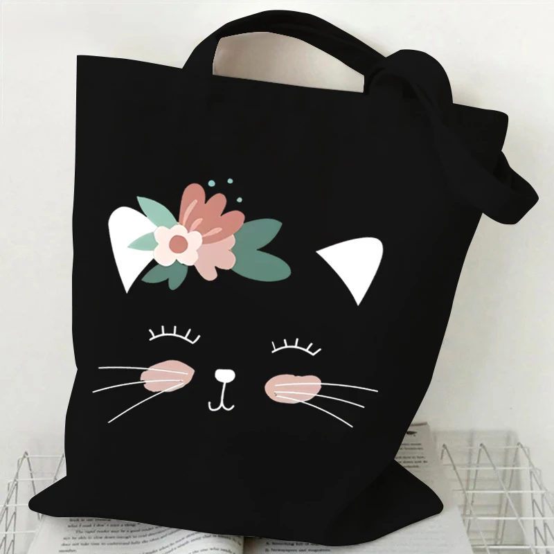 Cute Unicorn Cat Canvas Tote Bag Student Cartoon Animal Shopping Bag Women Fashion Animal Graphic Handbag Side Bag for Ladies