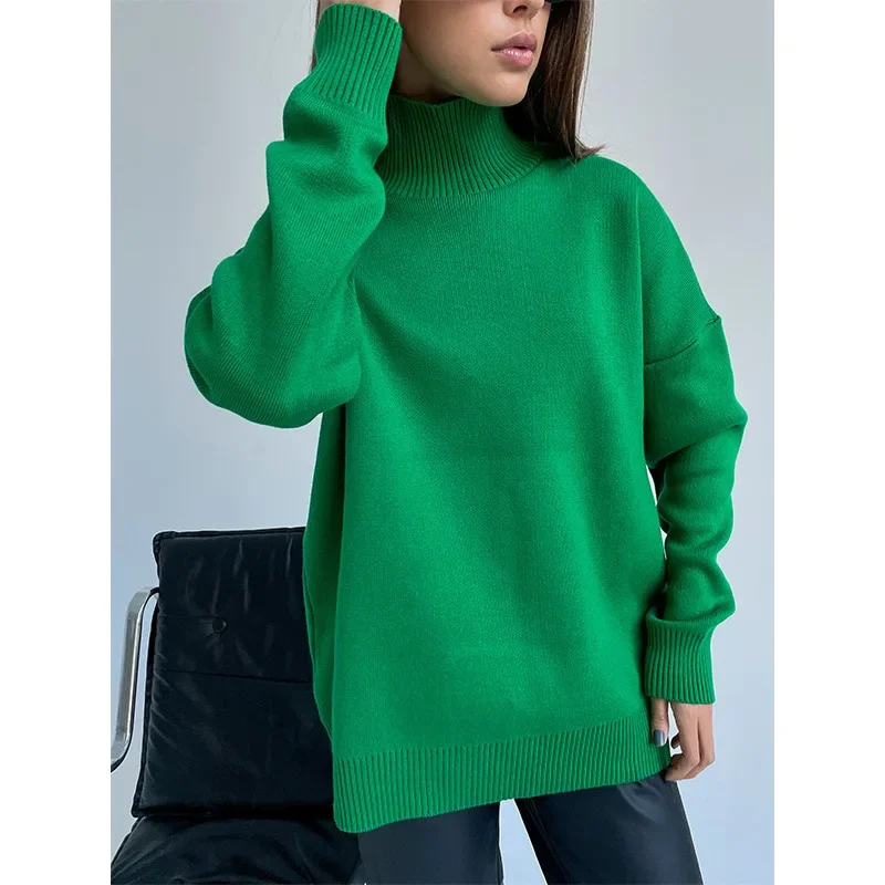 

Women Sweaters Long Sleeve Half High Collar Knitted Pullovers Solid Color Jumpers Slight Strech High Street Loose Autumn