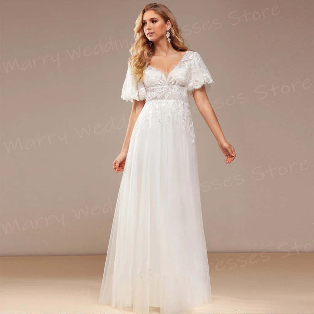 Fascinating A Line Women's Wedding Dresses Exquisite Lace Appliques Bride Gowns Sexy V Neck Cap Sleeve Backless Robe De Mariée