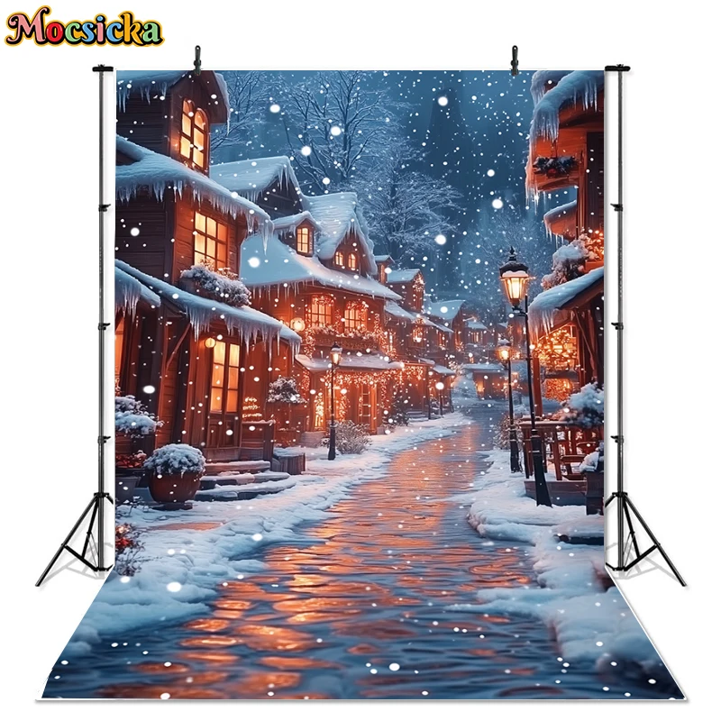 Mocsicka Winter Christmas Town Photography Backdrops Holiday Party Kids Adult Portrait Photo Background Night Lights Decor Props