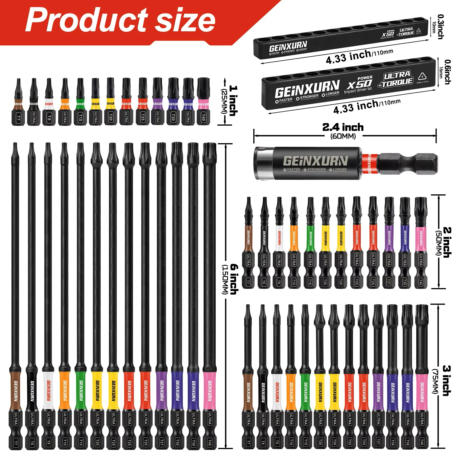Geinxurn 53Pcs Magnetic Star Torx Screwdriver Bits Set (T7-T40), S2 Steel 1/2/3/6